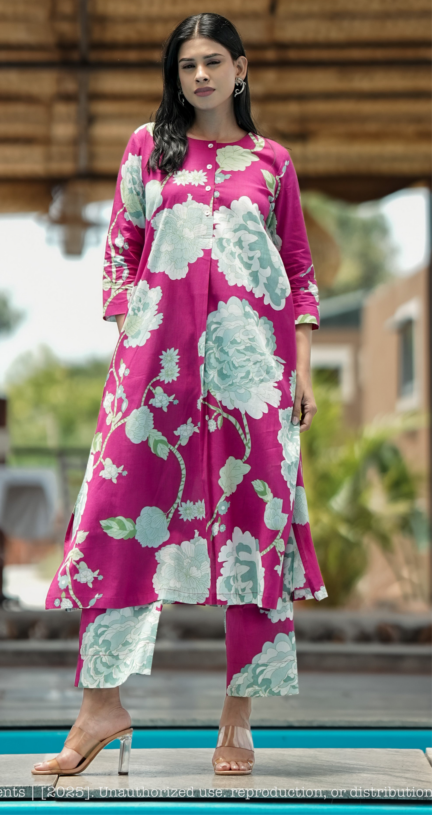 Stitched 2Pc Cotton Suit Set - Fuchsia Bloom