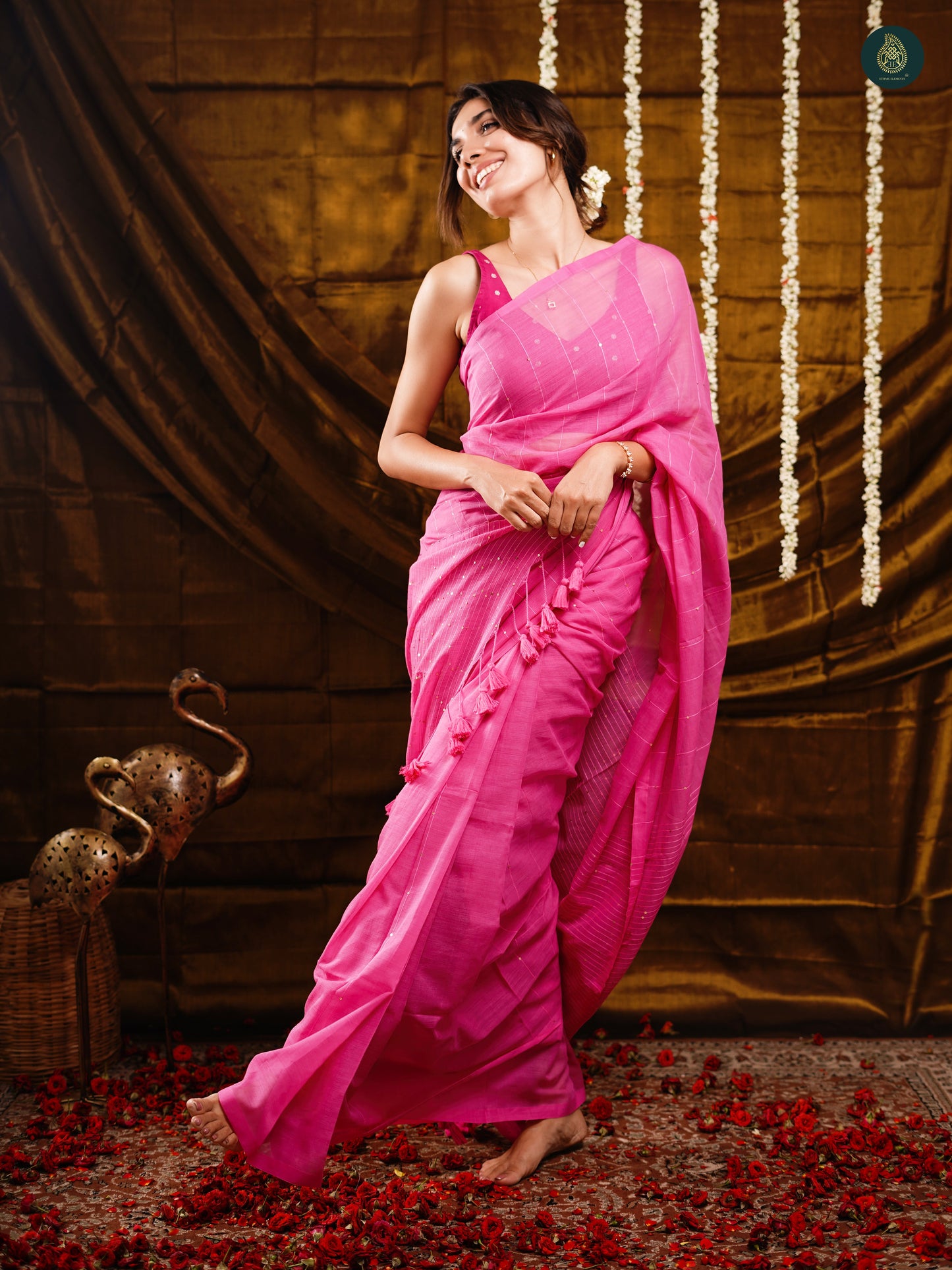Sweetie Pink Sequined Mul Cotton Sarees