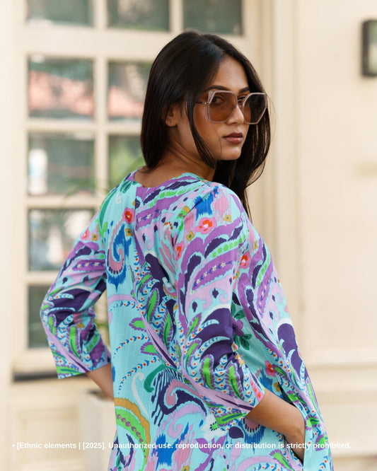 Stitched 2Pc Cotton A-Line Suit Set - Vivid Paisley