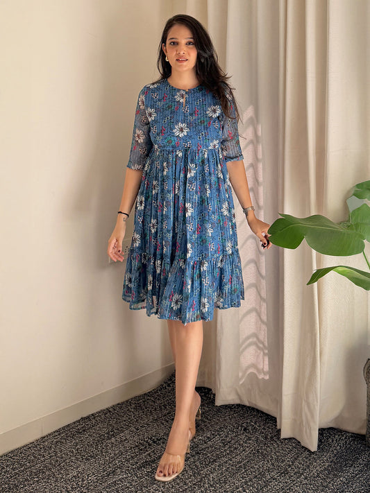 Janasya Women's Blue Poly Georgette Floral Flared Western Dress