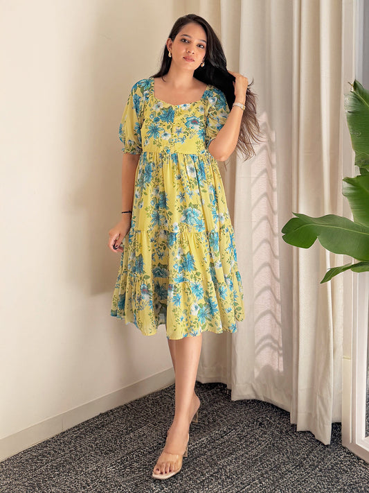 Yellow Georgette Floral Print Flared Western Dress