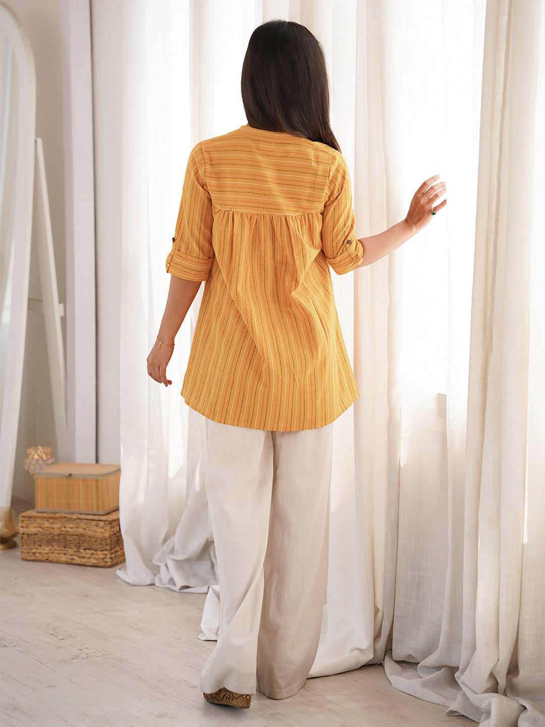Janasya Women's Mustard Cotton Woven Design Gathered Tunic