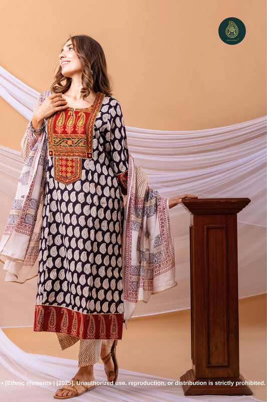 Virsa Embroidered Bagh Print Cotton Stitched 3Pc Suit Set