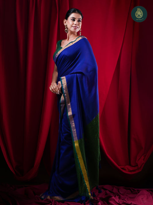 Royal Blue Pure Cotton Saree with Emerald Zari Border For Women
