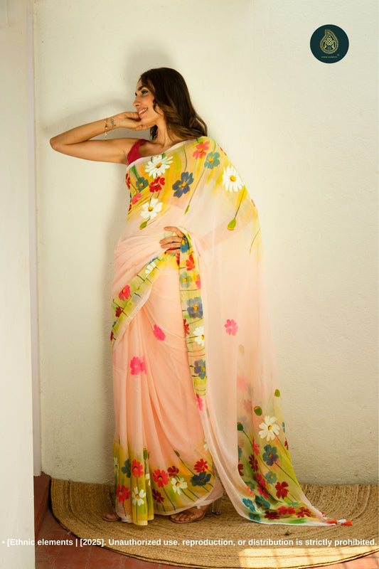 Chitramay - Hand Painted Mul Cotton Saree - Gulmeher