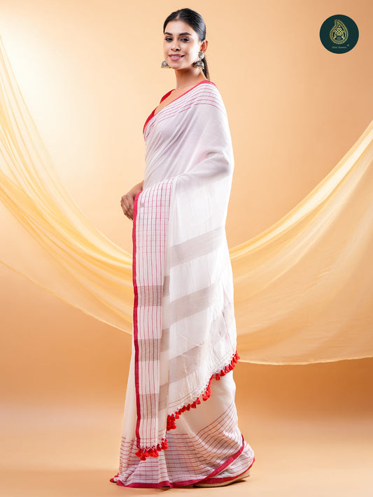 Elegant Red & White Colour Mul Cotton Saree with Striped