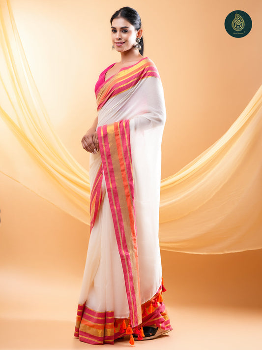 Ivory Mul Cotton Saree with Pink Orange & Gold Striped Border For women