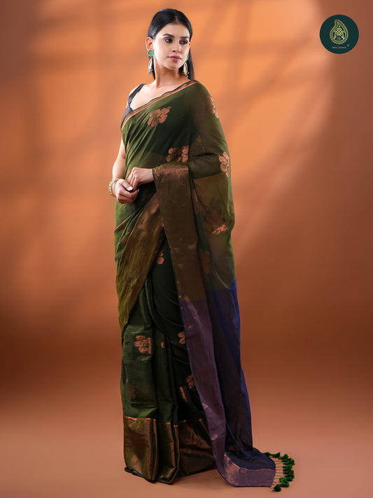 Olive Green Mul Cotton Saree with Copper Zari Floral Buttis & Indigo Pallu For Women