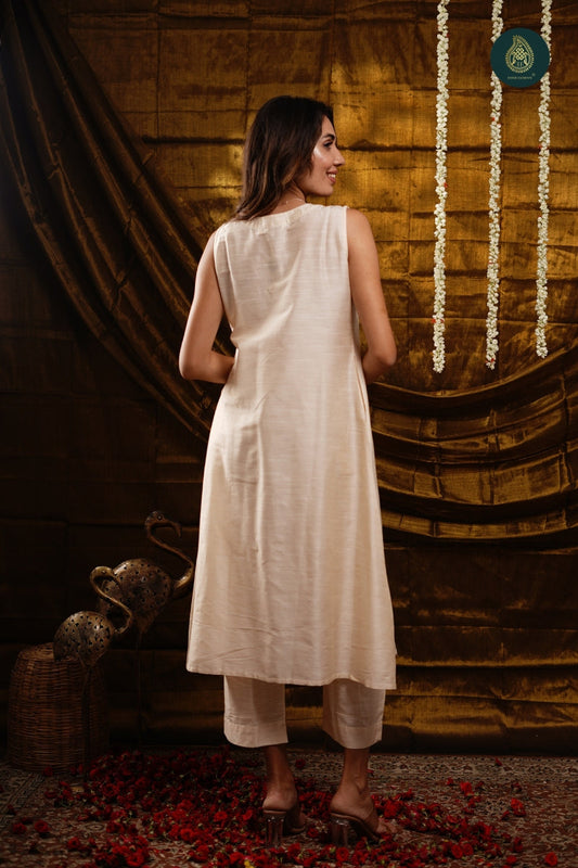 Stitched 2Pc Cotton Silk Suit Set - Pearl White
