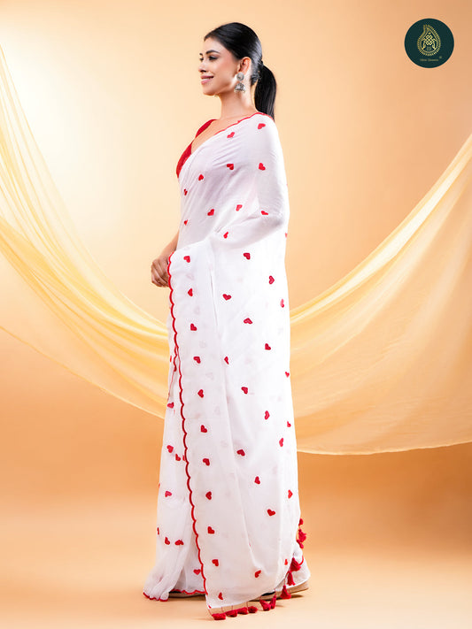 White Mul Cotton Saree with Red Heart Embroidery & Scalloped Border For women