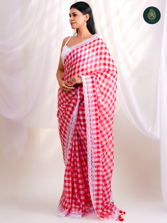 Cherry Red Mulmul Cotton Saree -Tassel Pallu