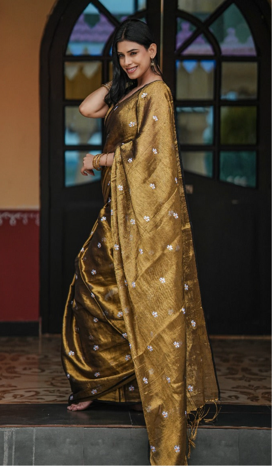 Mul Cotton Tissue Shiuli Saree - Golden Olive