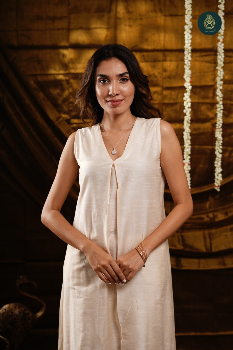 Stitched 2Pc Cotton Silk Suit Set - Pearl White
