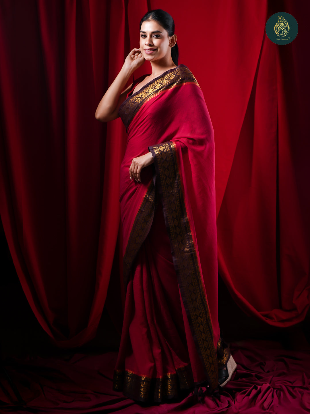 Crimson Red Mul Cotton Saree with Black & Gold Woven Border For Women