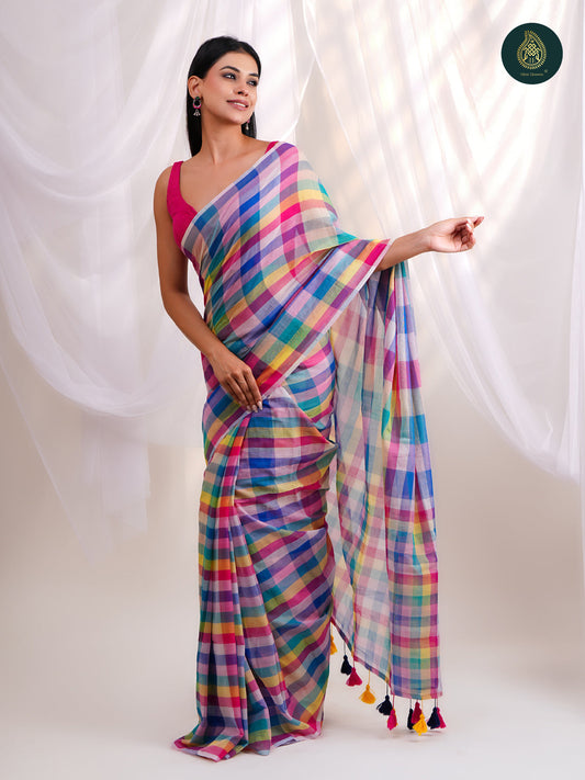 Checks Rainbow Multicolor- Mul Cotton Saree