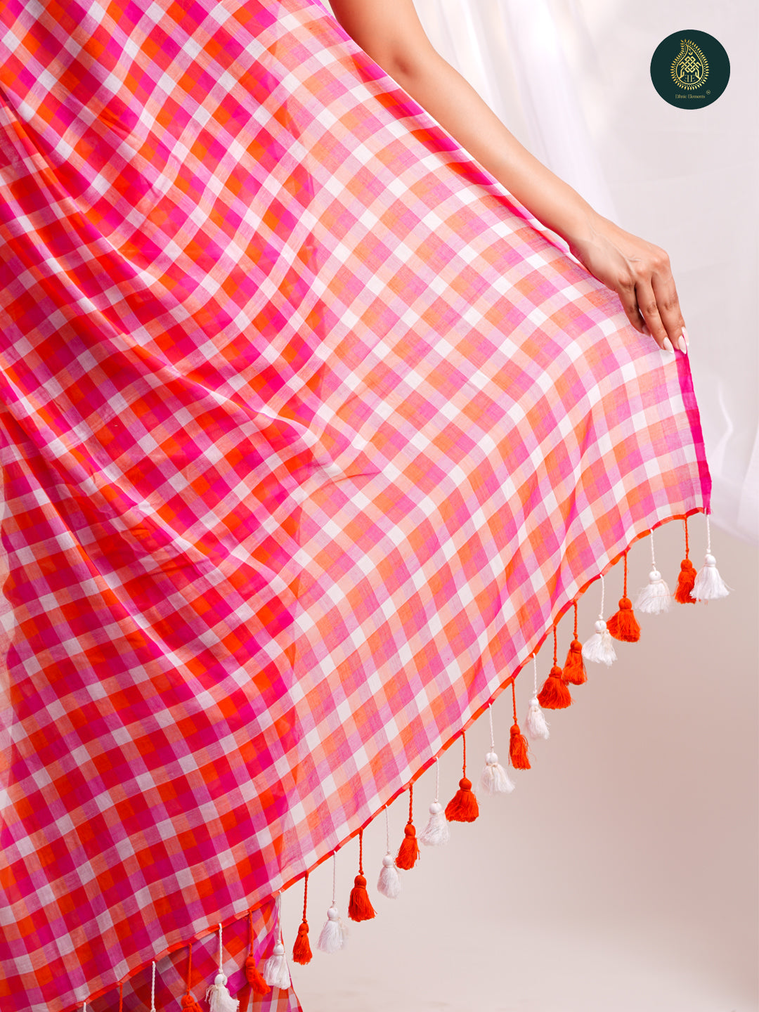 Bright Pink Mul Cotton Saree with Handcrafted Tassels For Women