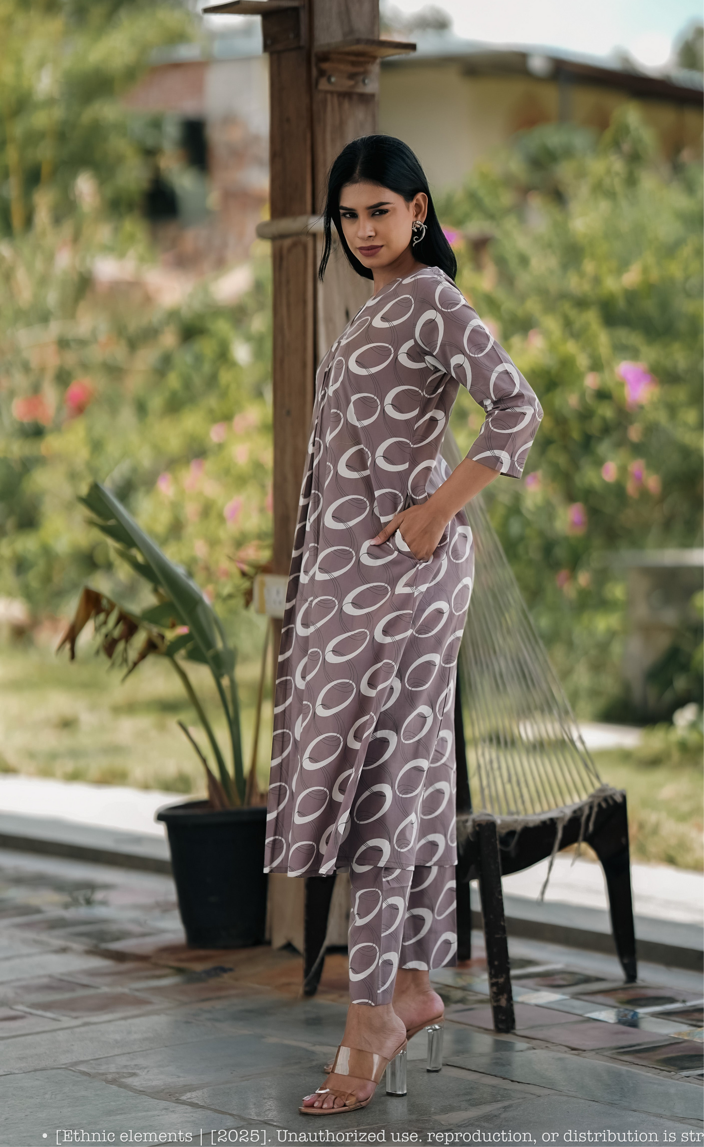 Stitched 2Pc Cotton Suit Set - Mocha Ring
