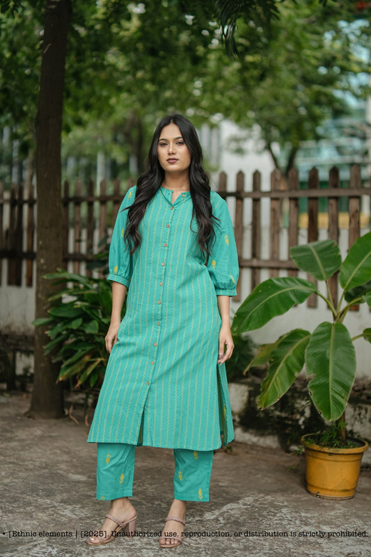 Stitched 2Pc Handloom Cotton Set - Turquoise Neelira