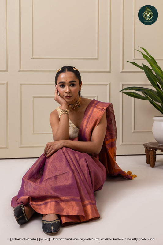 Handwoven Tissue Linen Saree With Blouse - Purple