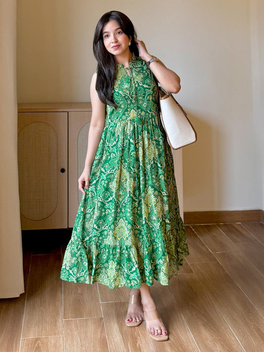 Janasya Women's Green Georgette Floral Printed Fit & Flared Dress