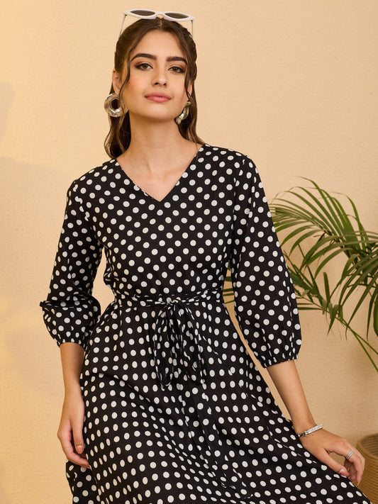 Janasya Women's Black Pure Cotton Polka Dot Printed Fit & Flare Dress