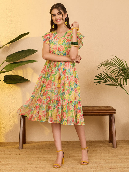 Janasya Women's Multi Color Chiffon Floral Printed Fit & Flare Dress