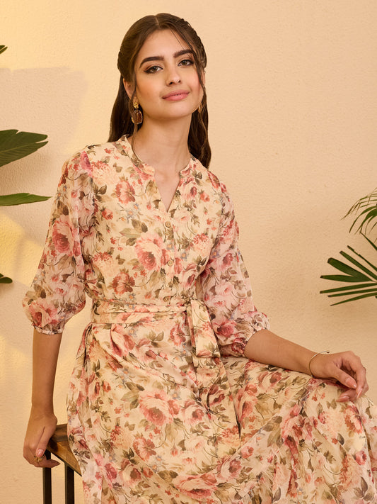 Janasya Women's Beige Chiffon Floral Printed Fit & Flare Dress