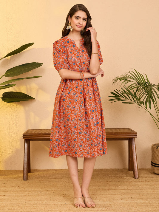 Janasya Women's Orange Pure Cotton Floral Printed Fit & Flare Dress