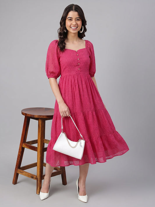 Janasya Women's Magenta Dobby Chiffon Solid Tiered Dress