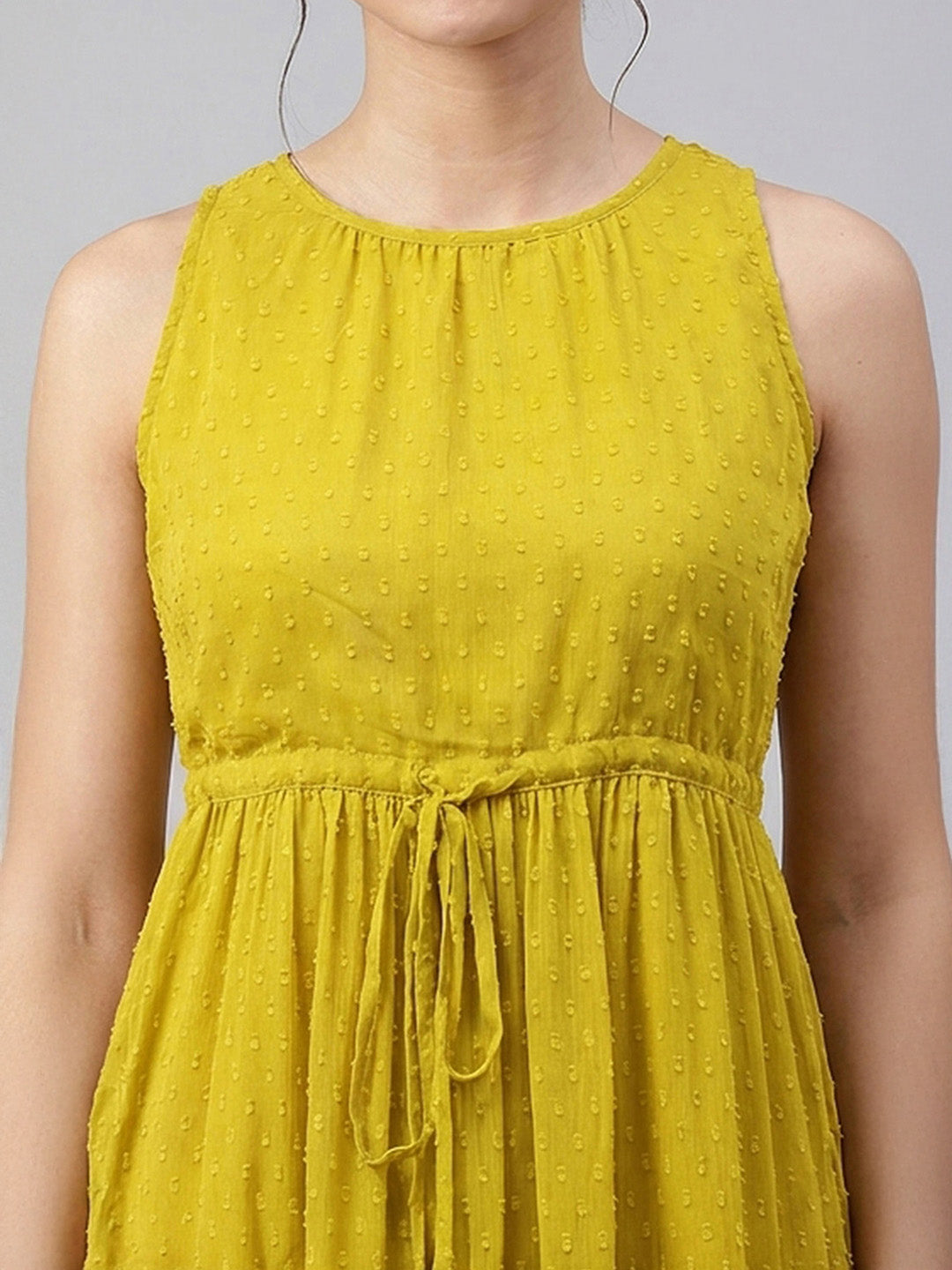 Janasya Women's Lime Dobby Chiffon Solid Tiered Dress