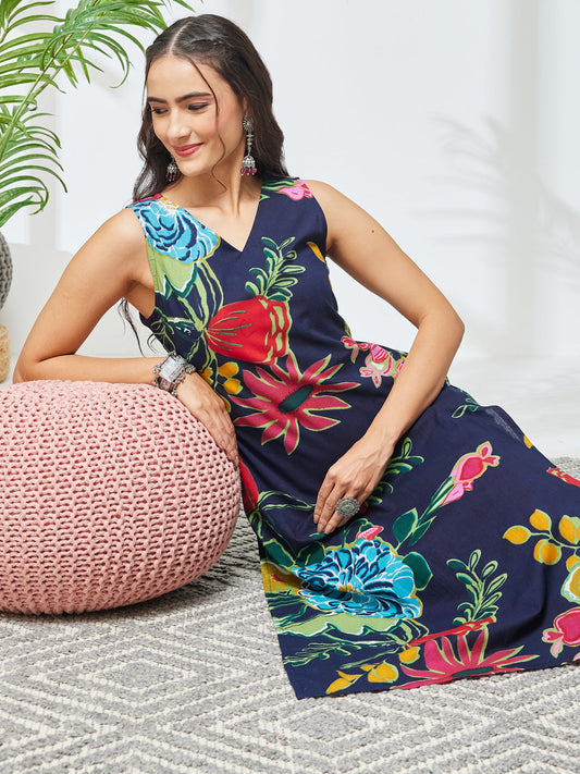 Janasya Women's Navy Blue Pure Cotton Floral Printed Straight Kurta With Pant Set