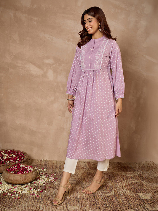 Janasya Women's Lavender Pure Cotton Floral Printed A-Line Kurta