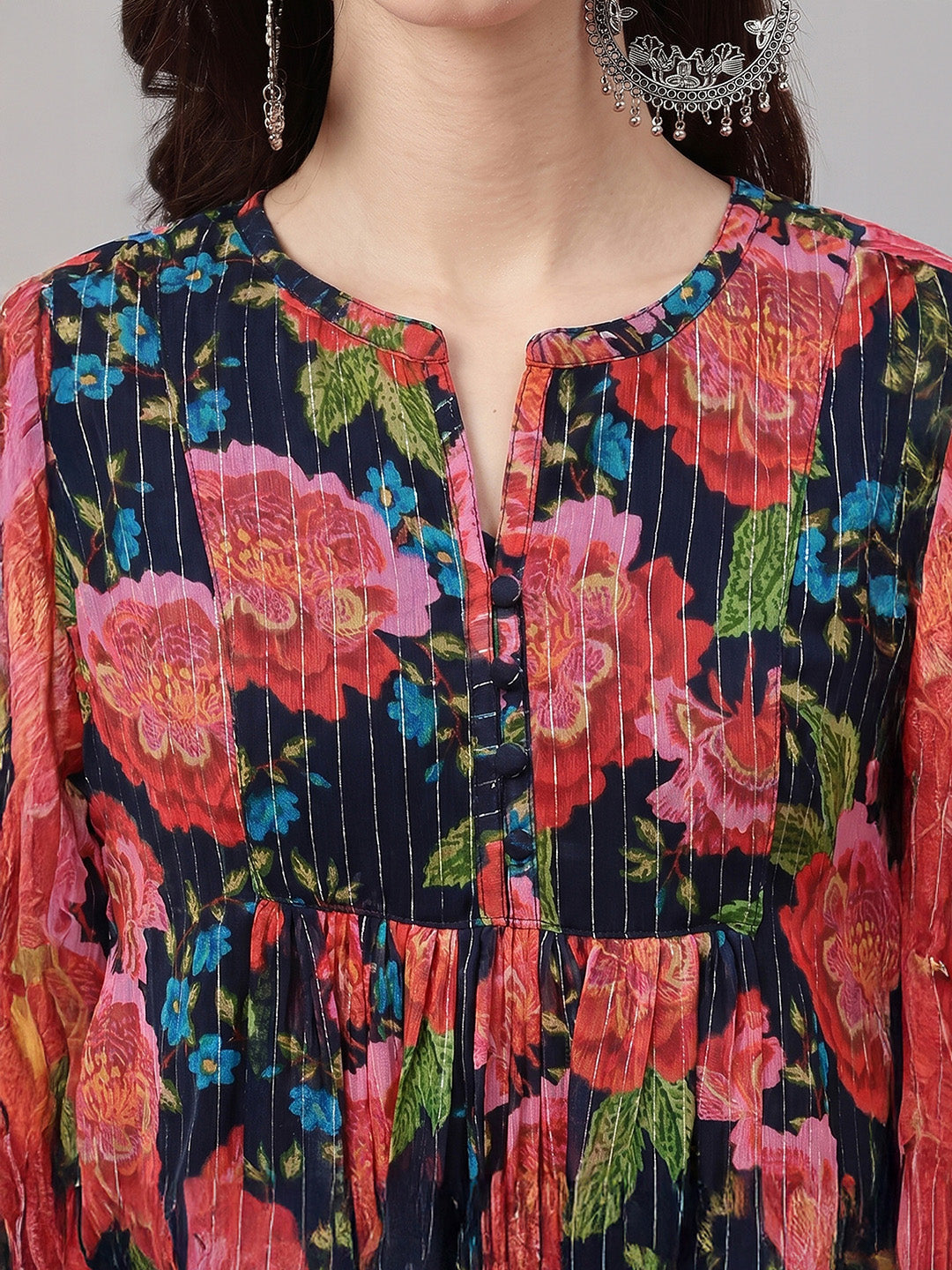 Janasya Women's Multicolor Lurex Chiffon Floral Printed Gathered Kurta