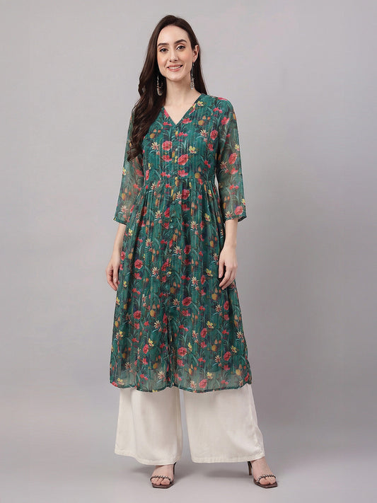 Janasya Women's Bottle Green Lurex Chiffon Floral Printed A-Line Kurta