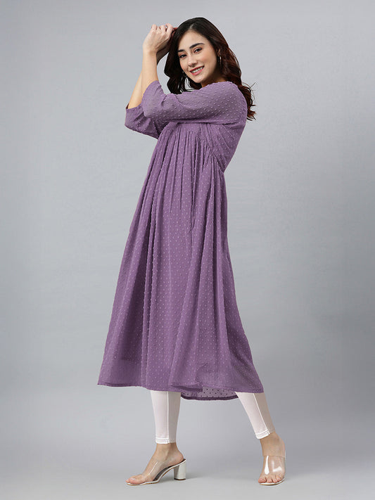 Janasya Women's Lavender Dobby Chiffon Self Design Flared Kurta