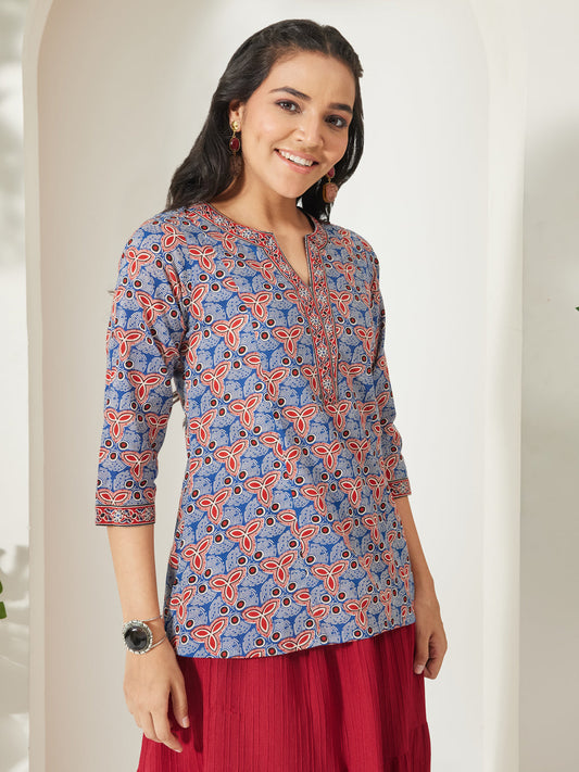 Janasya Women's Blue Pure Cotton Geometric Printed A-Line Top