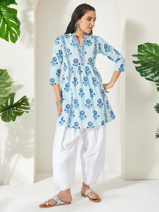 Janasya Women's Light Blue Pure Cotton Floral Printed A-Line Tunic