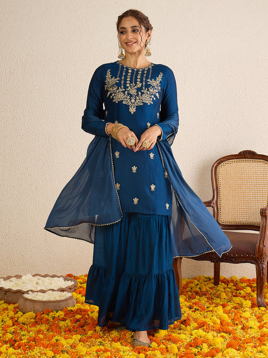 Janasya Women's Teal Blue Silk Blend Floral Zari Embroidered Straight Kurta with Sharara and Dupatta Set