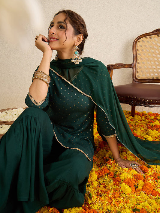 Janasya Women's Dark Green Rayon Embellished Foil Printed Kurta with Sharara and Dupatta Set