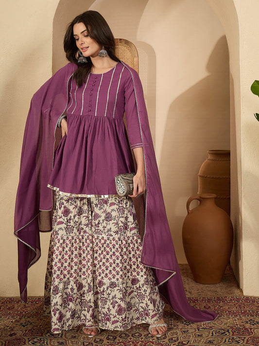 Janasya Women's Purple Pure Cotton Solid Peplum Top with Sharara & Dupatta Set