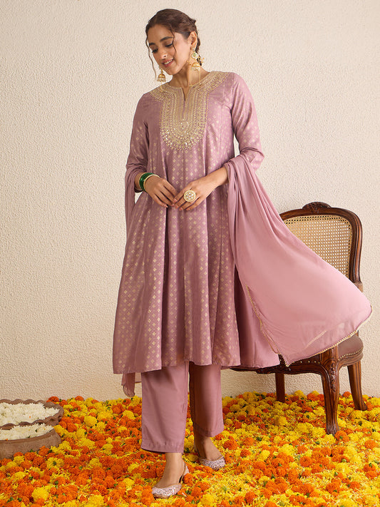 Janasya Women's Lavender Silk Blend Zari Embroidered Gold Foil Printed Anarkali Kurta Set
