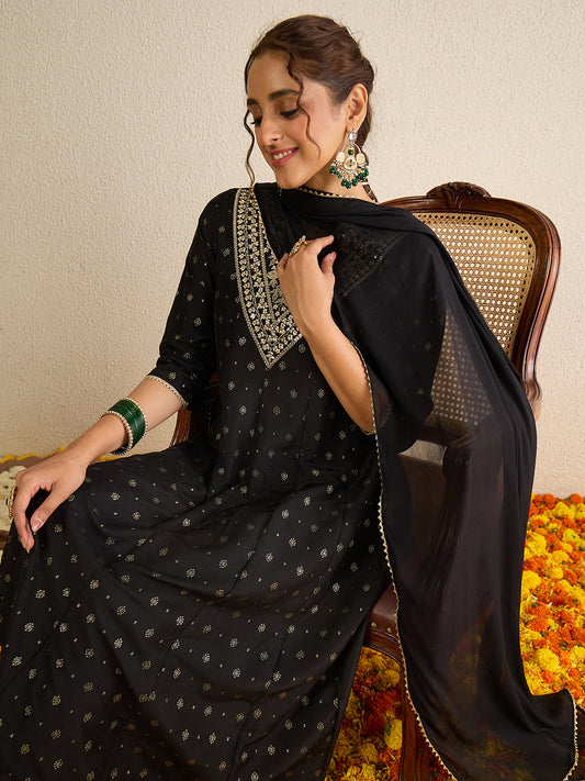 Janasya Women's Black Silk Blend Zari Yoke Embroidered Gold Foil Printed Anarkali Kurta Set