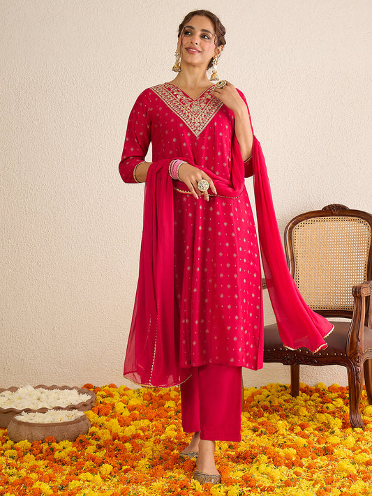 Janasya Women's Pink Silk Blend Zari Yoke Embroidered Gold Foil Printed Anarkali Kurta Set