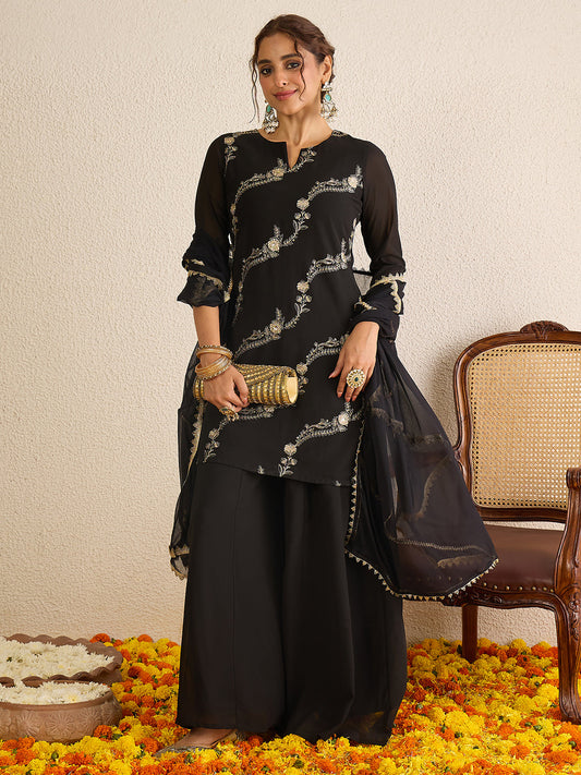 Janasya Women's Black Georgette Floral Zari Embroidered Straight Kurta with Sharara and Dupatta Set