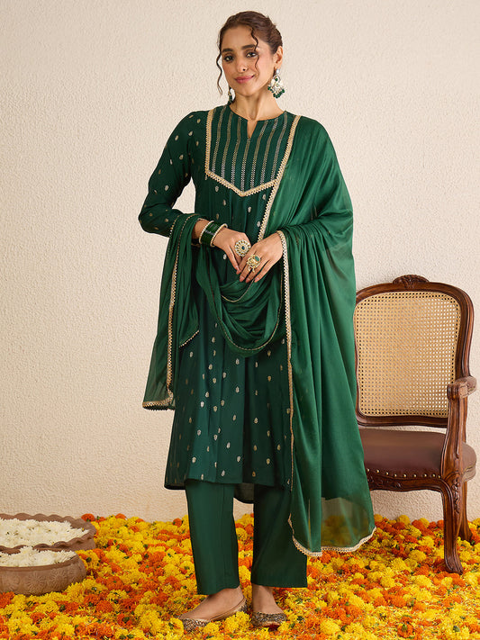 Janasya Women's Dark Green Chanderi Silk Embellished Gold Foil Printed Anarkali Kurta Set