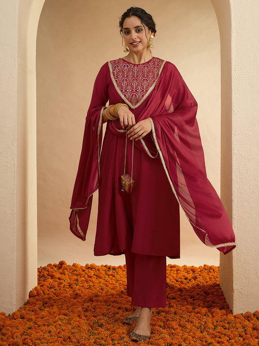 Janasya Women's Maroon Chanderi Silk Embroidered Anarkali Kurta Set