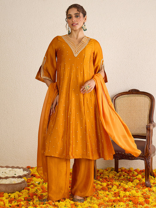 Janasya Women's Mustard Silk Blend Floral Zari Embroidered Anarkali Kurta Set