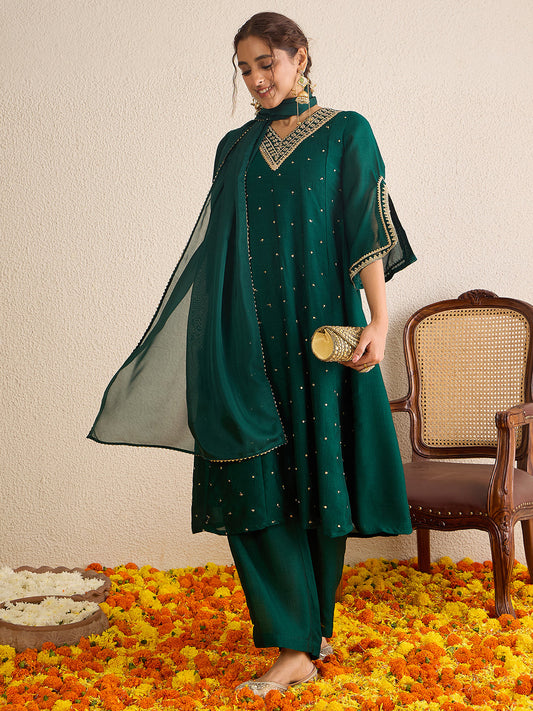 Janasya Women's Dark Green Silk Blend Floral Zari Embroidered Anarkali Kurta Set