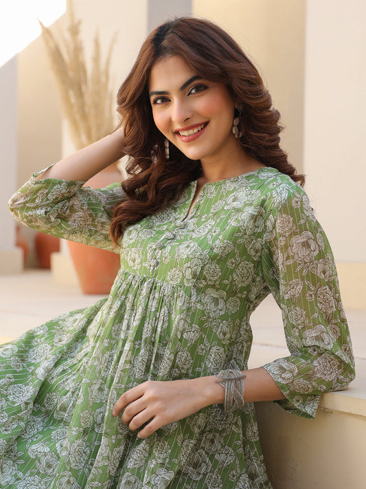 Janasya Women's Green Chiffon Lurex Floral Printed A-line Kurta