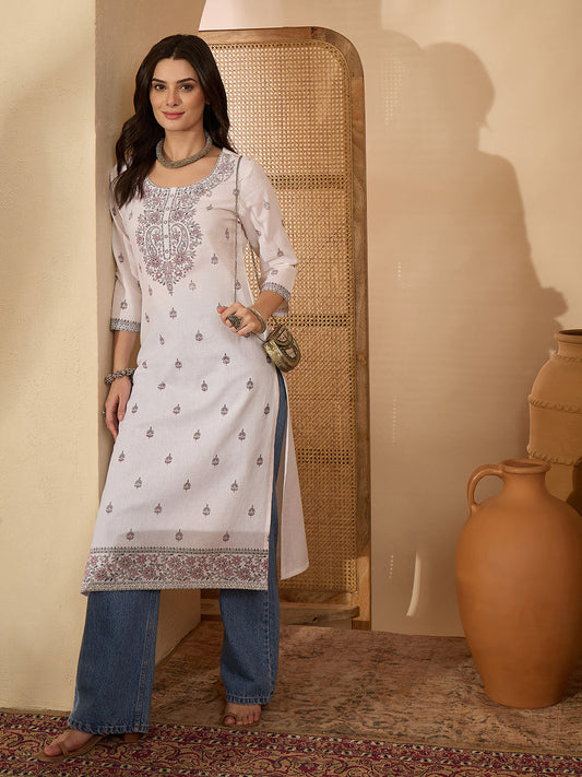 Janasya Women's Off White Pure Cotton Ethnic Motifs Printed Straight Kurta